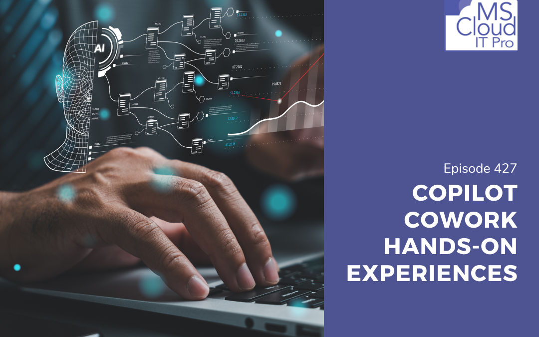 Podcast Episode 427 cover featuring hands typing on a laptop with AI workflow graphics representing Microsoft 365 Copilot Cowork and enterprise collaboration tools.