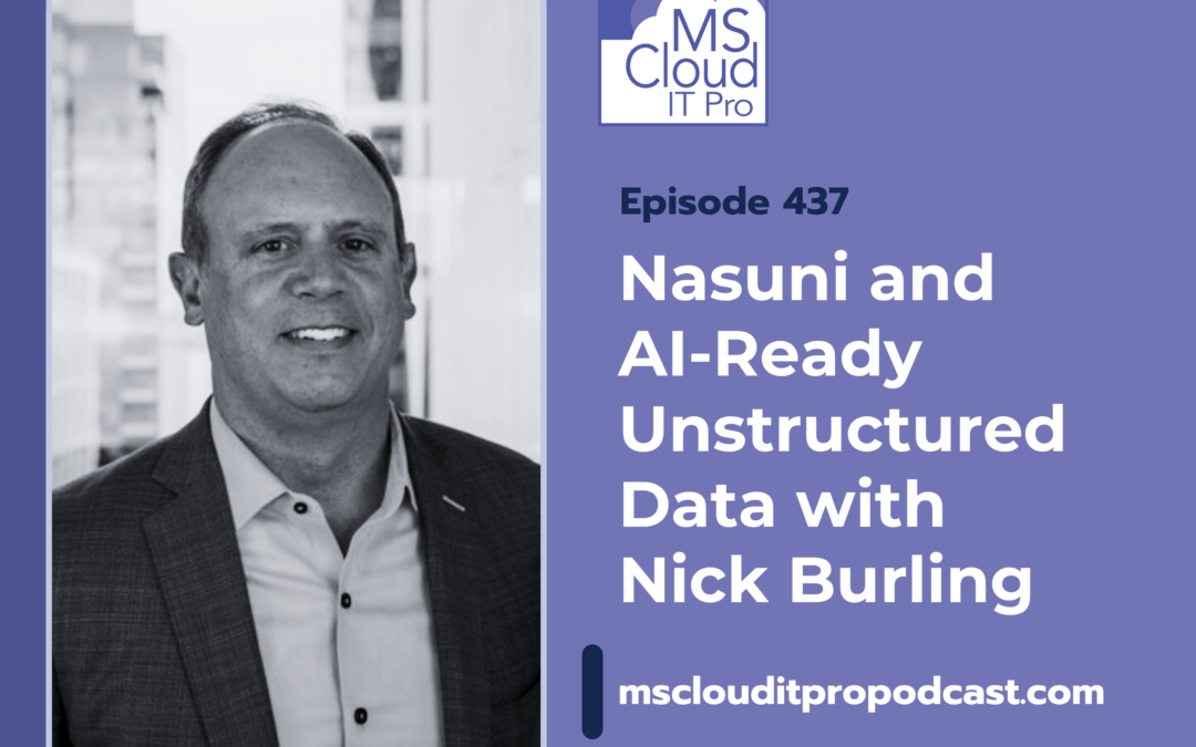 Podcast Episode 437 cover titled “Nasuni and AI-Ready Unstructured Data with Nick Burling,” featuring a black-and-white portrait of guest Nick Burling alongside Microsoft Cloud IT Pro Podcast branding.
